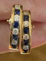 18K Yellow Gold Over Diamond Blue Sapphire Channel Hoops Earrings 2.75Ct  - £74.13 GBP