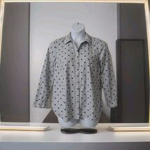 Talbots Long Sleeve Button Down Gray Navy Polka Dot Shirt Gold Trim Size L - $24.74