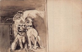Cat Watches 2 Pipe Smoking DOGS~1900s Artist Signed Postcard - £5.98 GBP