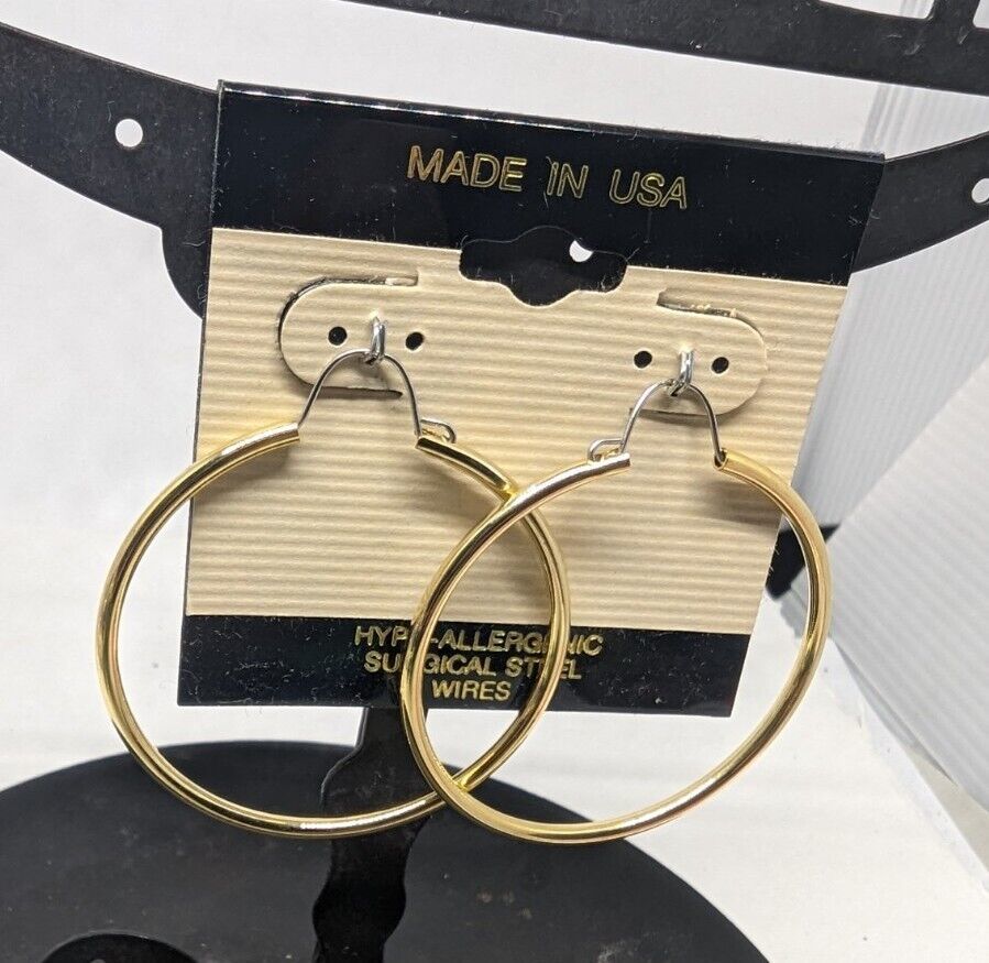 Vintage Large  1  3/4 thin  hoops in Gold Tone Pierced Earrings Hoop New - $13.86