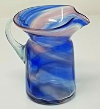 Midcentury Pitcher Blue Pink Swirl Art Glass Small Vintage Handmade - $18.95