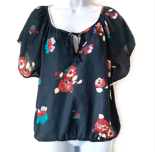 American Eagle Blouse Top Floral Short Sleeve Blue Crop Semi Sheer Size ... - $12.00