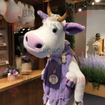 Lavender Hereford Cow mascot costume character dressed with a Henley Shirt and E - £1,028.73 GBP