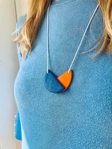 Shiny Indigo Polymer Clay Necklace, Glitter Blue and Orange Geometric Shaped Nec - £14.39 GBP