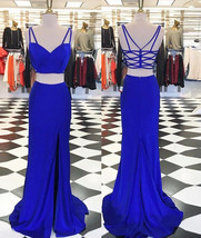 Elegant Criss Cross Royal Blue Two Piece Prom Dresses with Split Side - £102.38 GBP