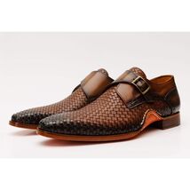 The Rolls Woven Tan Leather Single Monk Strap Handmade Men Shoe image 2