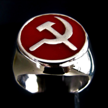 Sterling silver flag ring Hammer and Sickle communist symbol USSR on Red ename - £103.89 GBP