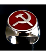 Sterling silver flag ring Hammer and Sickle communist symbol USSR on Red... - $176.58 CAD