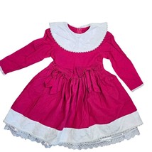 Vintage Girls Size 4 Gunne Sax Fuschia Pink Bib Dress Long Sleeves Bows ... - $38.60