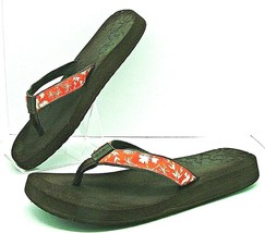 Lucy Flip Flop Slip On Sandals Brown Cushioned Footbed Floral Orange Straps Sz 8 - £9.92 GBP