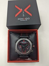 KONXIDO Mens Black and Red Leather Band Analog Quartz Watch KO6341 - £19.01 GBP