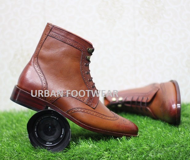New Mens Handmade formal Tan Brown Leather Wing Tips Ankle High Lace up Boots