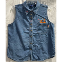 Vintage Women Tigger Pooh Button Up Shirt Blue Chambray Sleeveless Embroidered L - £18.12 GBP