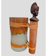 Vtg TIKI CERAMIC MUG Bamboo Rattan Handle Polynesian Warrior Head - $29.00