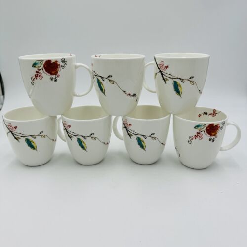 Primary image for Lenox Simply Fine Bone China Chirp 8oz Coffee Cups Mugs White Floral USA Made