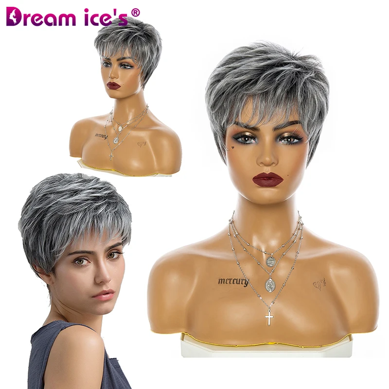 Short Mixed Gray Straight Wave Synthetic Wig With Bangs For Women Pixie Cut Fa - £18.13 GBP+