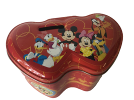 Mickey Disney Metal Tin Bank Heart Shaped Red Donald Goofy Vintage - $12.00
