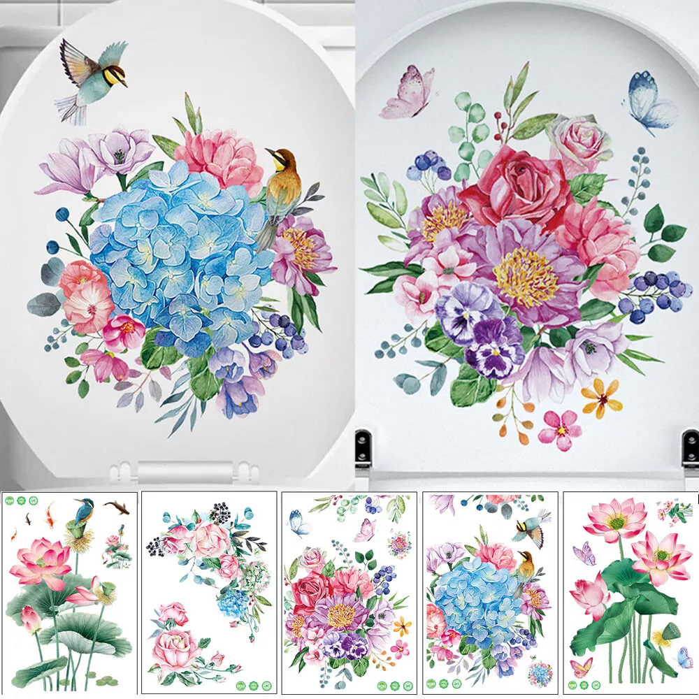 Flowers Toilet Seat Lid Sticker Self-Adhesive Floral Decal Removable Wat... - $153.76 MXN