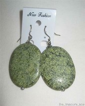 3 1/2&quot; Silver Oval Green Stone Pierced Earrings Marble Dangling Hook ~EP102 NWOT - £9.79 GBP