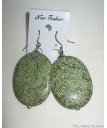 3 1/2&quot; Silver Oval Green Stone Pierced Earrings Marble Dangling Hook ~EP... - £9.80 GBP