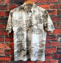 Men&#39;s Casual Hawaiian Style Shirt L Earth Tones Palm Trees Woodie Wagons - £9.35 GBP