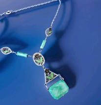 ORIGINAL Art DECO 1920 CZECH GREEN PEKING GLASS ENAMEL FILIGREE Rhodium ... - $236.55