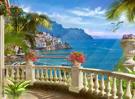 Framed canvas art print giclee terrace view Mediterranean sea Amalfi coast Italy - £31.74 GBP+