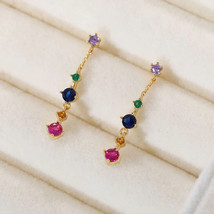 2.50Ct Round Multi Color Sapphire Lab-Created Drop Earrings 14K Yellow Gold Over - £96.41 GBP