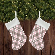 NEW! Christmas Stockings Set of 2: Light Pink and Brown Plaid - £18.43 GBP