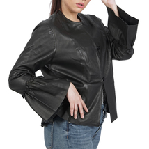 Boston Harbour Women Black Ruffles  Sleeves Grisella Classic Leather Jacket - £111.64 GBP