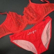 Victoria&#39;s Secret unlined 34DDD BRA SET L panty RED Orange LACE extra Spicy - £55.38 GBP