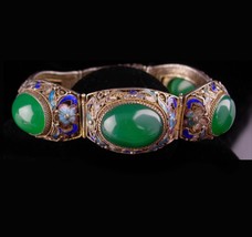 Antique Chinese export bracelet - Jade sterling silver filigree - Enamel... - £577.73 GBP