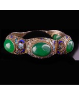 Antique Chinese export bracelet - Jade sterling silver filigree - Enamel... - $725.00