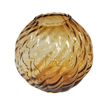 Vintage Hand Blown Art Swirled Glass Globe Round Amber Vase 5&quot; Ruffled E... - $42.52