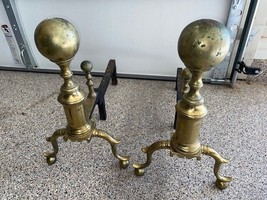 Vintage XL Cannonball Brass Andirons Firedogs Fireplace Log Holders - $224.99