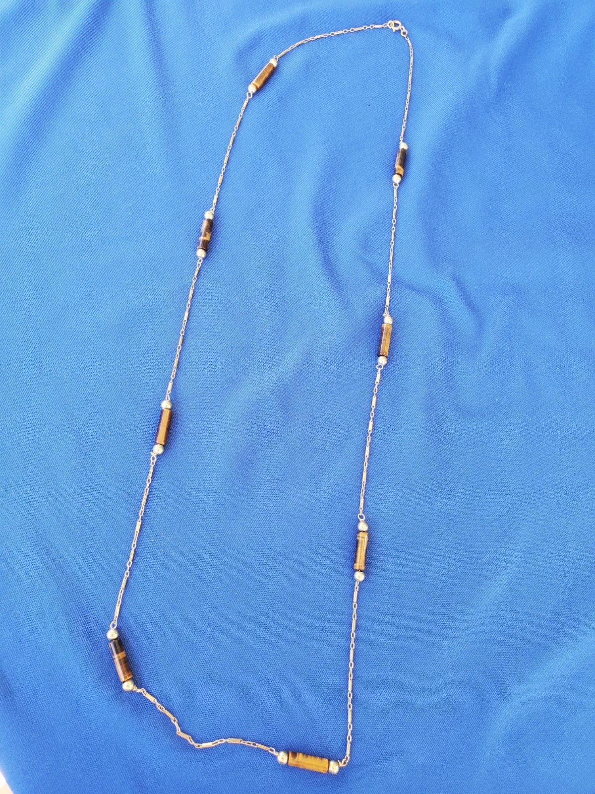 Vintage 14k Gold Art Deco Tiger eye Statement Necklace Unique Antique Chain 28" Item image 7