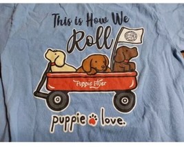 Puppie Love Shirt Long Sleeve Size Small Blue Dog in Wagon - $14.00