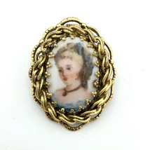FEMALE PORTRAIT transfer print vintage pin pendant - gold-tone oval woman brooch - £11.78 GBP