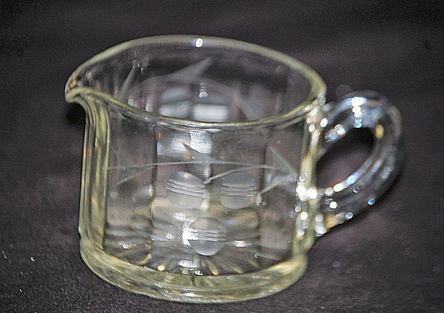 Primary image for Old Vintage Elegant Clear Glass Creamer w Etched Cherries & Sprigs Star Bottom