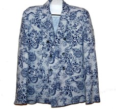 120% Lino Gray Blue Flower Design Linen Men&#39;s Double-Breasted Blazer Jacket Sz L - £148.84 GBP