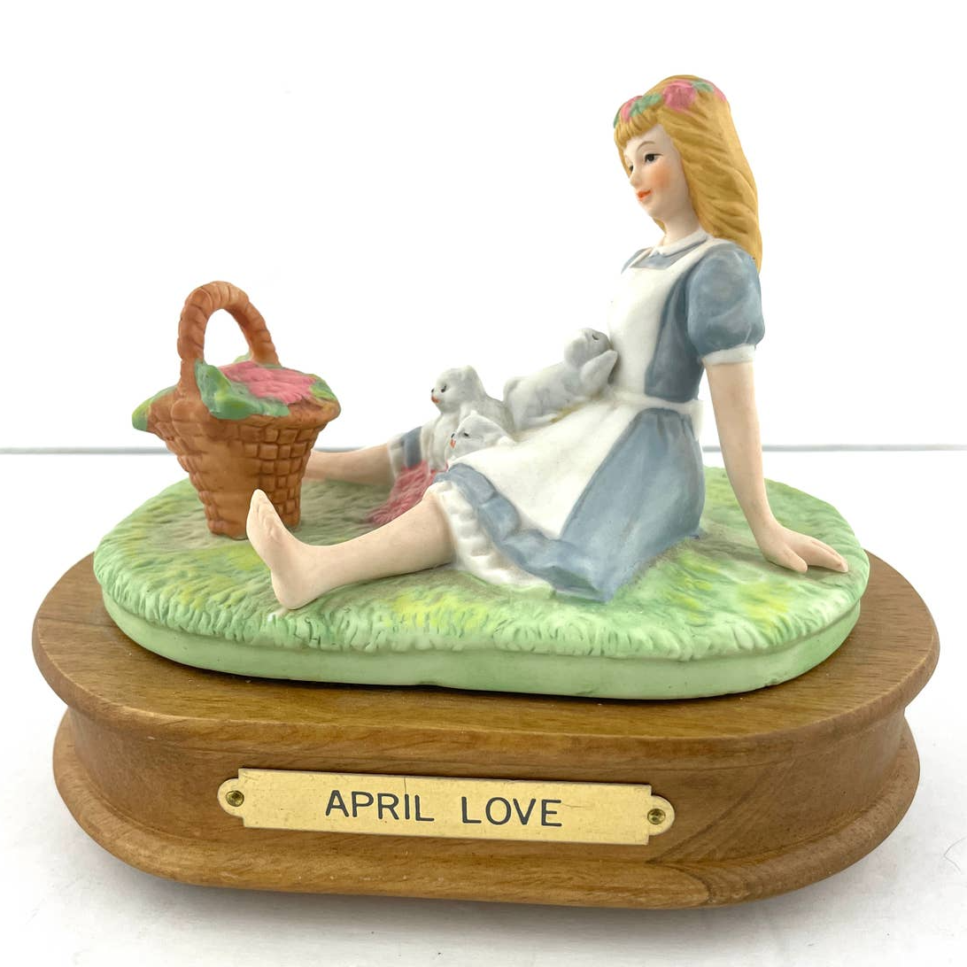 VTG House of Lloyd April Love Music Box Sitting Girl Picnic Wooden Base Ceramic - $15.30
