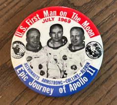 1969 First Men On the Moon Apollo 11 XI Landing 3.5&quot; Vintage Pin Button - $8.59