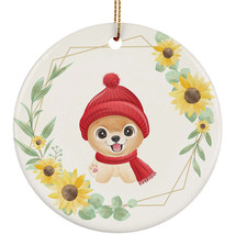 Cute Pomeranian Dog Ornament Sunflower Wreath Christmas Gift Pine Tree Decor - £11.73 GBP