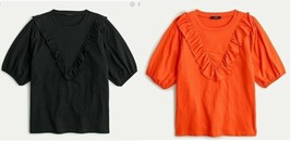 New J Crew Orange Black Ruffle Bib Short Sleeve Crew Neck Knit T-shirt XS S - £16.02 GBP