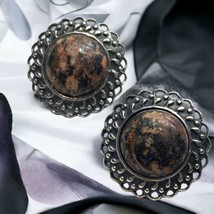 Antique 925 Sterling Silver Leopard Skin Jasper Gem Clip On Pierced Earrings - £72.16 GBP