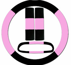 Steering wheel cover, seat belt covers &amp; rear view mirror cover black-light pink - £13.97 GBP