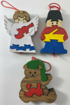Vintage Lot of 3 Wooden Christmas Puzzle Bear Soldier Angel Ornaments 3.25 in - £15.56 GBP