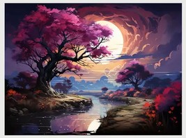 Pink Trees In The Moonlight Over Calm Stream Canvas Print Framed 12&quot; x 16&quot; - £10.94 GBP