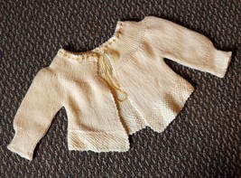 Vintage Hand Knit Baby Cardigan Off White w Gold Cord Tie About Sz 6m Girls - £14.02 GBP