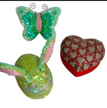 Keepsake Boxes Sequin Beaded Fabric Lined Set of 3 Bunny Butterfly Heart  - $16.71